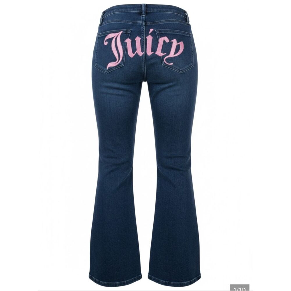 Juicy Couture Y2K Dark Wash Flare Jeans Women Size 8 Pink Logo Low Rise Bootcut